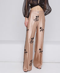 Access Fashion Satin viddebukser med palliet blomster by Access Fashion