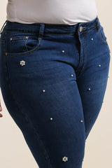 Jeans med perleblomster darkwash by Krone 1