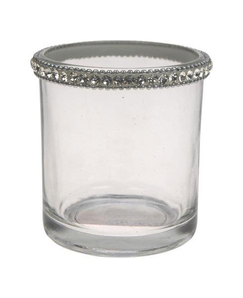 TEALIGHT GLASS CUP, CLEAR 8,5CM W/SILVER METAL RIM
