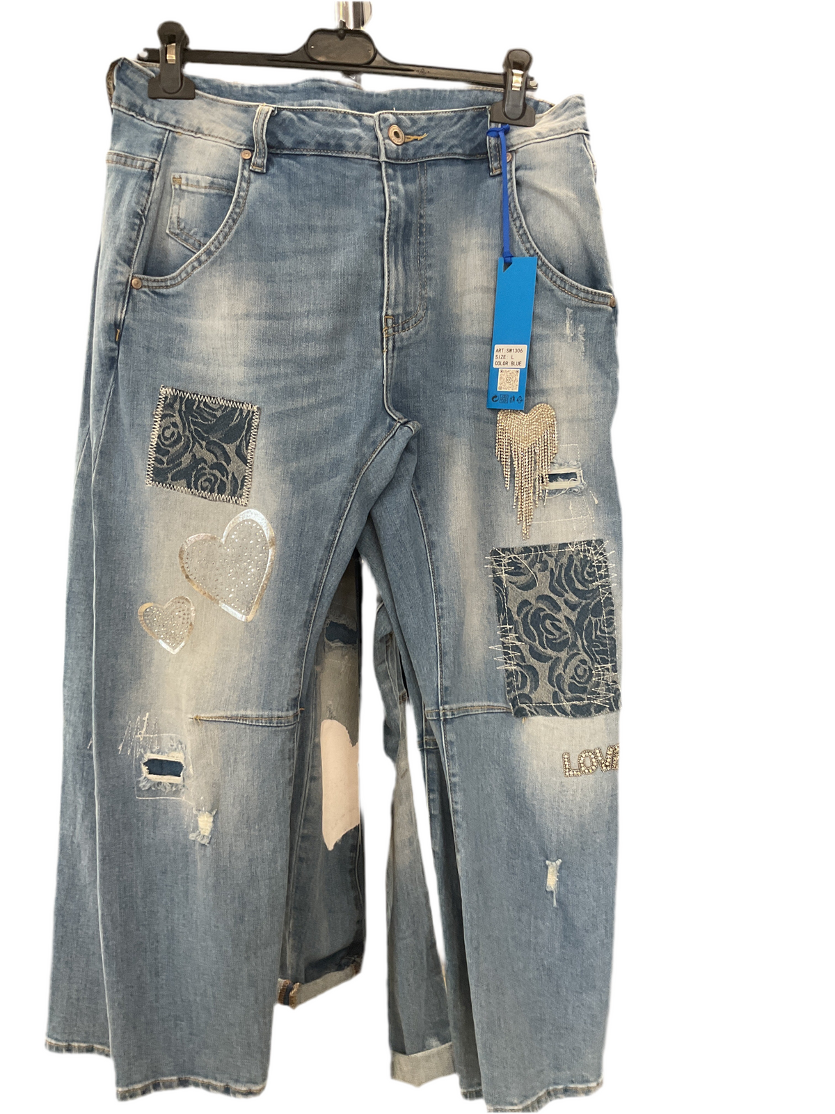 Jeans med rose patches og frynse bling by Sexy Woman