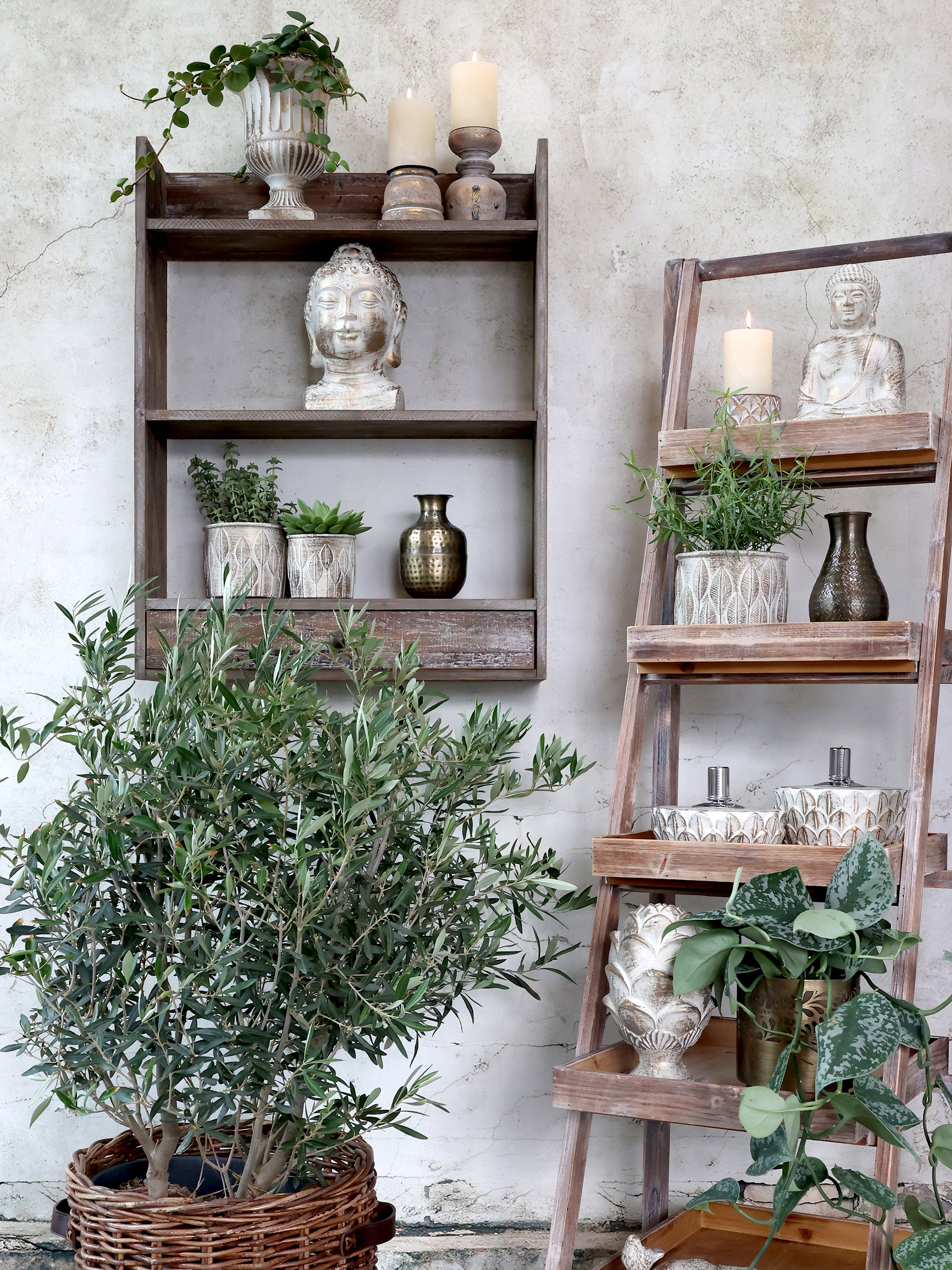 Reol m. 5 hylder og kurve, H170/L42/B70 cm natur by Chic Antique