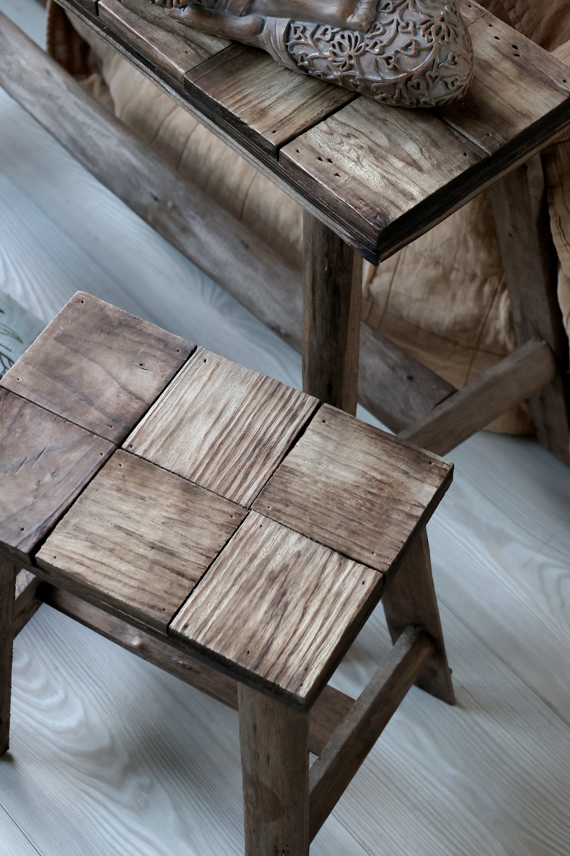 Bænk m. mønster på sæde, H33/L33/B24 cm natur by Chic Antique