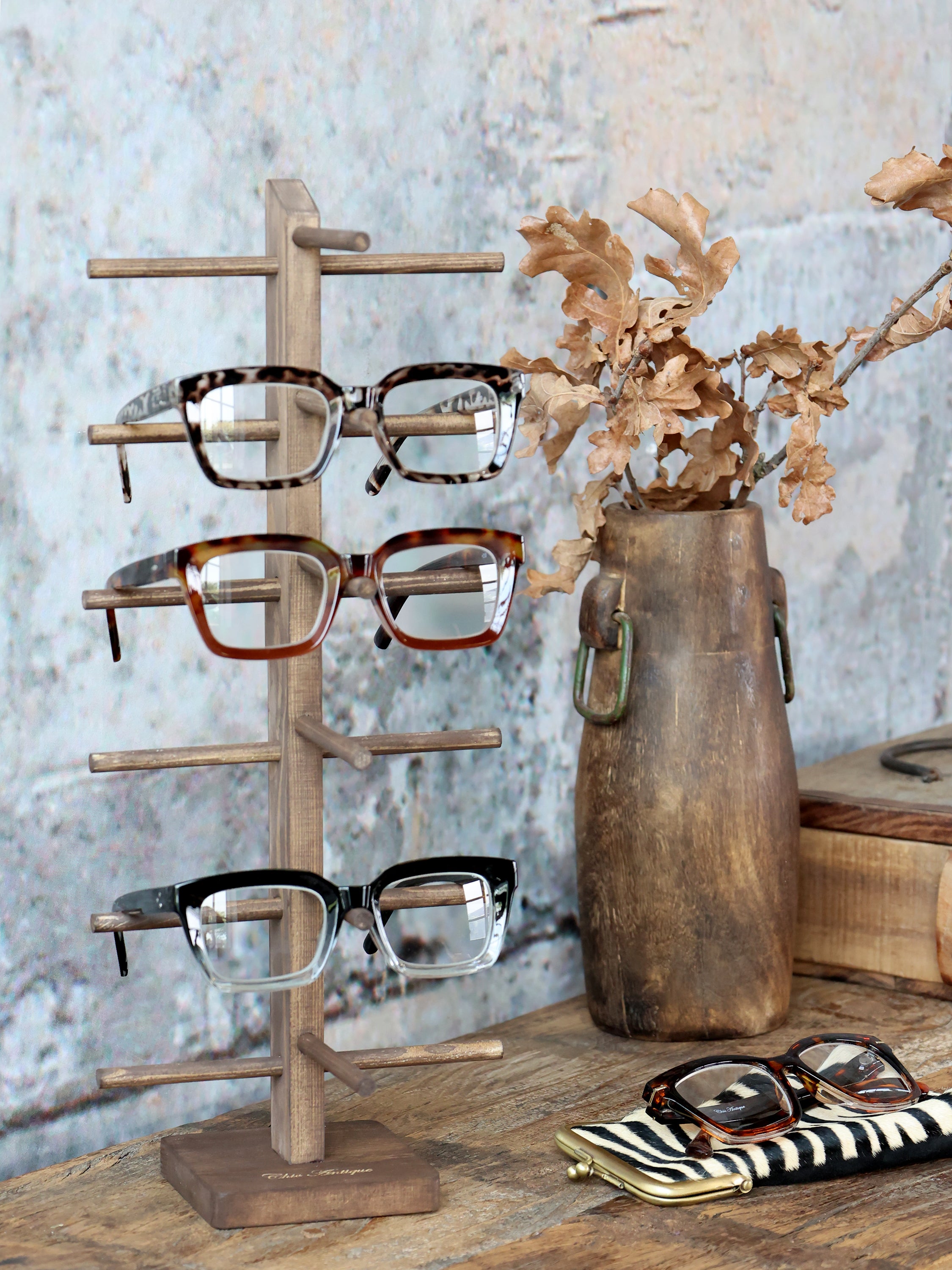 Display til briller m. 6 holdere, H42/L17/B14 cm mørk natur