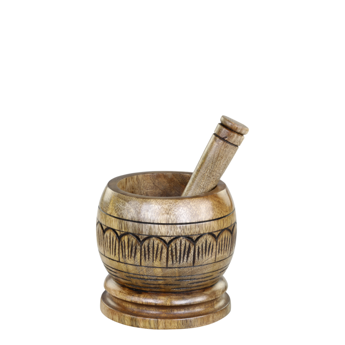Tours Morter i træ m. udskæringer, 13 x Ø13 cm natur