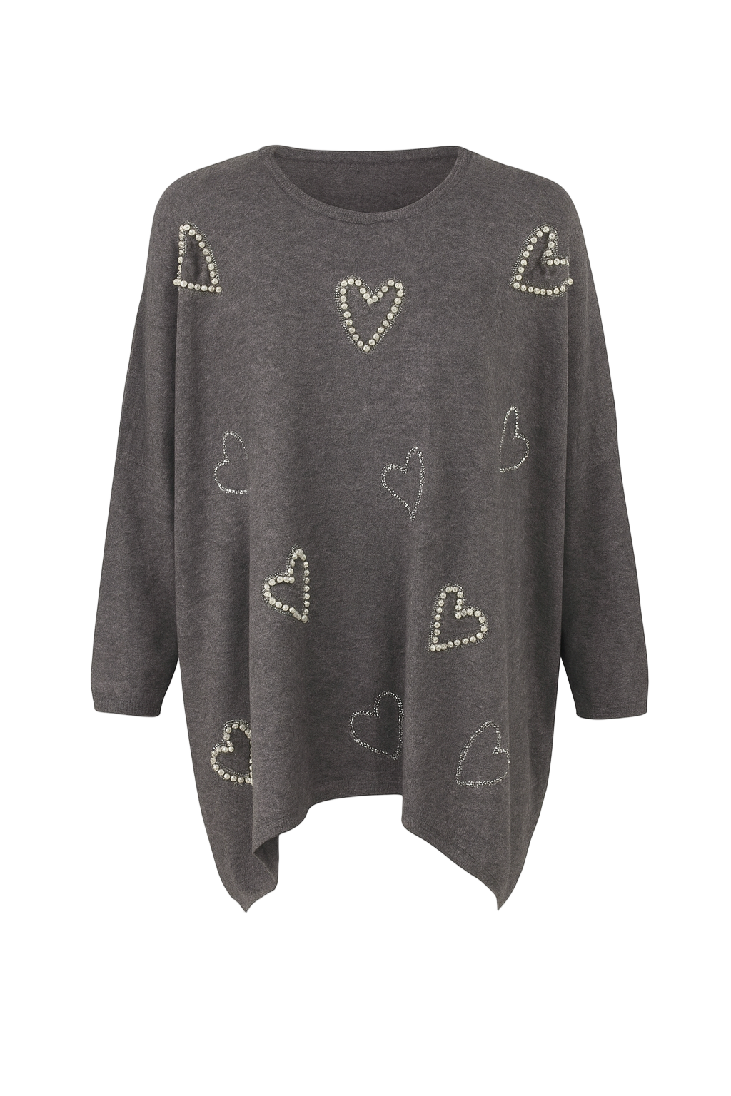 Oversize strik med bling hjerter - str. 38-48