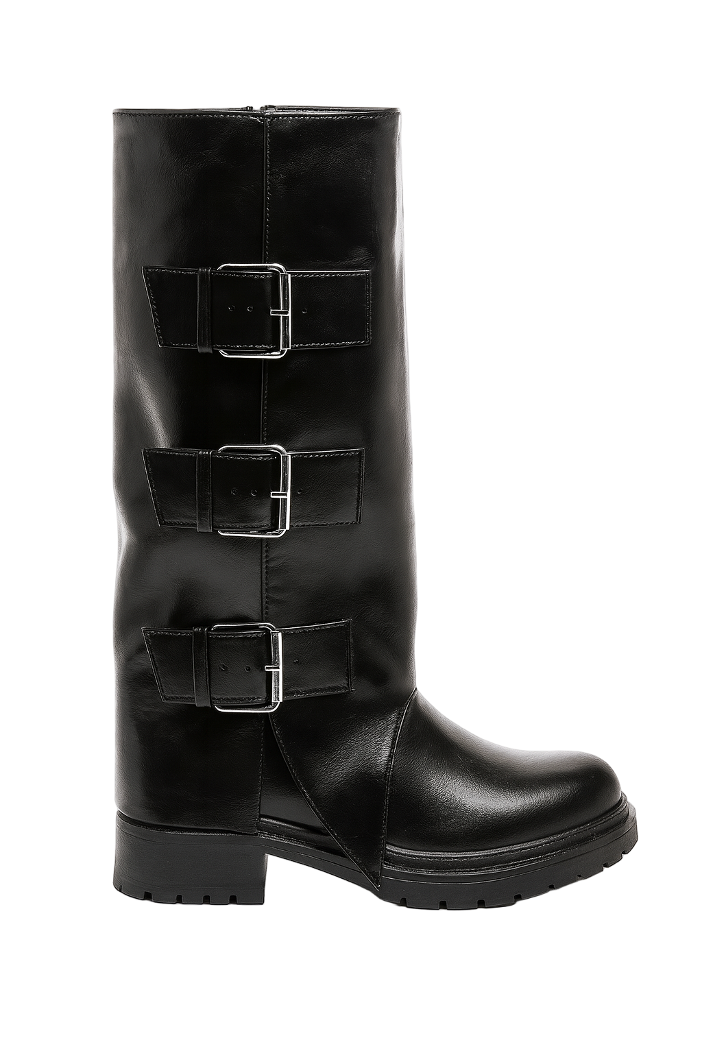 Sort lange støvler med fold og spænder