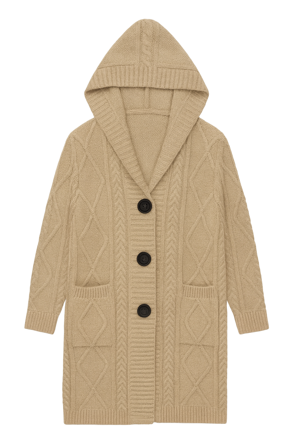 Kabelstrikket Cardigan Hætte - Brystmål 150cm