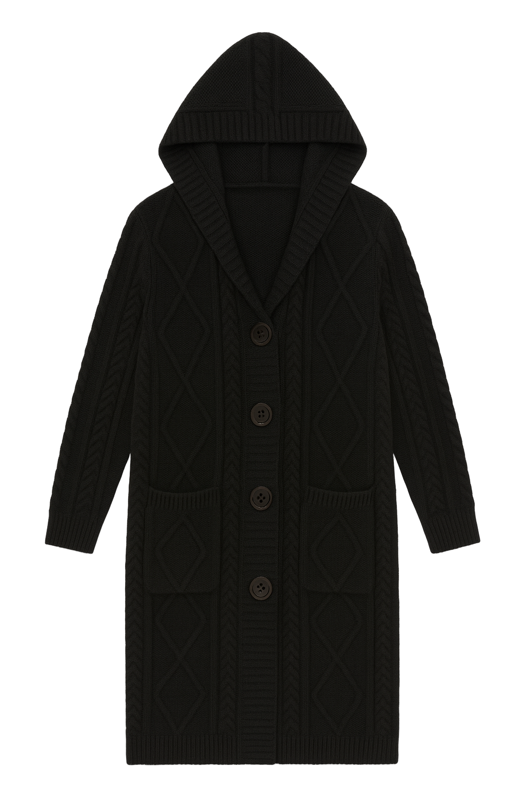 Kabelstrikket Cardigan Hætte - Brystmål 150cm