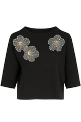 Striktrøje med blomster og bling