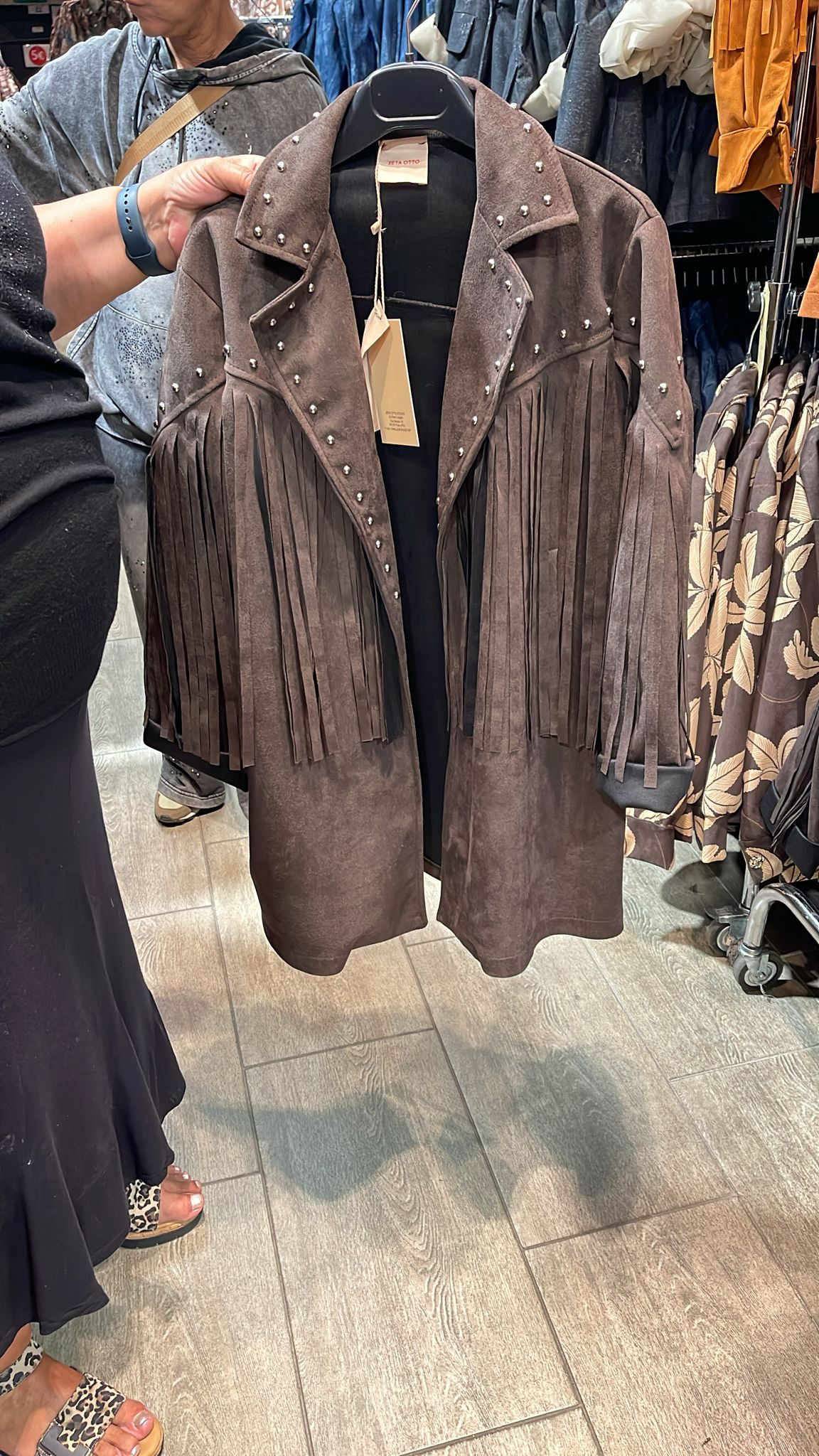 Ruskindslook frakke med frynser brun