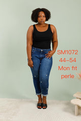 Mom fit jeans med perleblomster darkwash