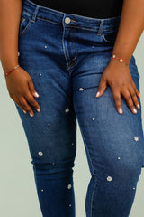Mom fit jeans med perleblomster darkwash