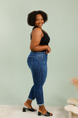 Mom fit jeans med perleblomster darkwash