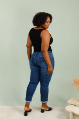 Mom fit jeans med perleblomster darkwash