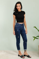 Mom fit jeans med broderet blomster darkwash by G-Smack
