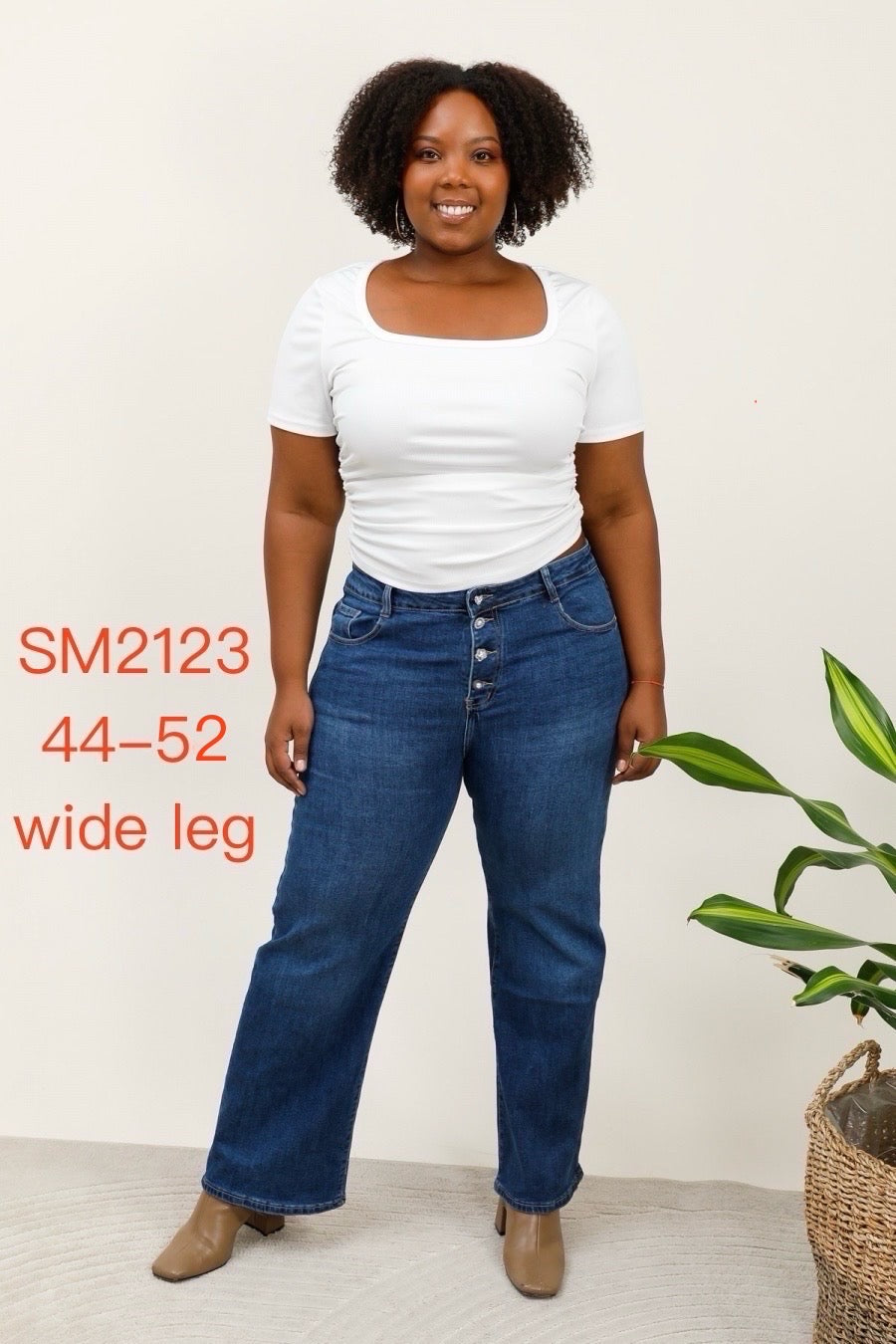 Wideleg jeans med bling knapper darkwash plus size