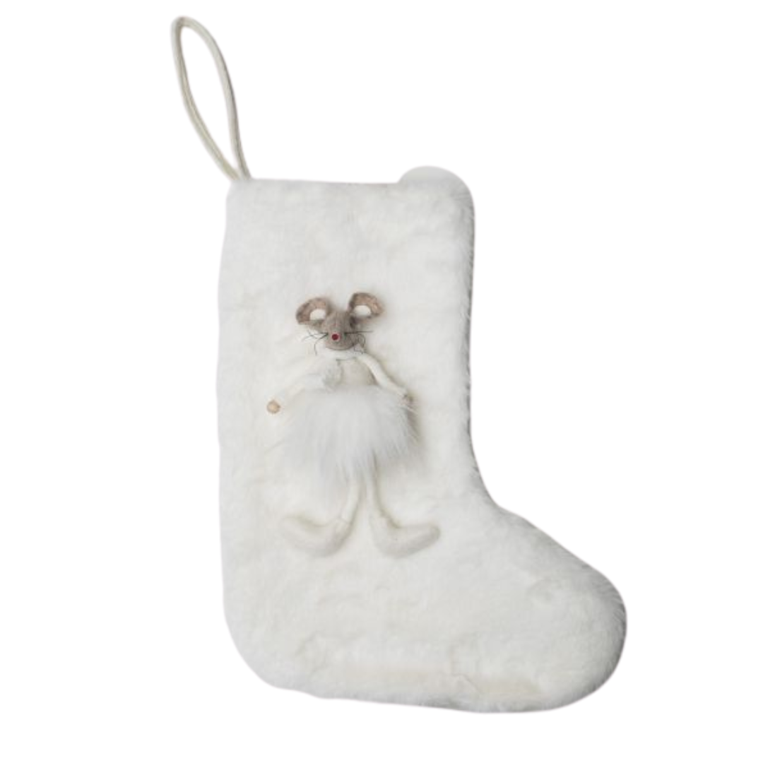 CHRISTMAS SOCK 24X32 WHITE FUR, WHITE MOUSE DEC.