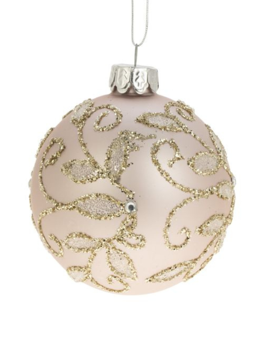 GLASS BALL 8CM PINK SATIN W/GOLD GLITTER LEAVES