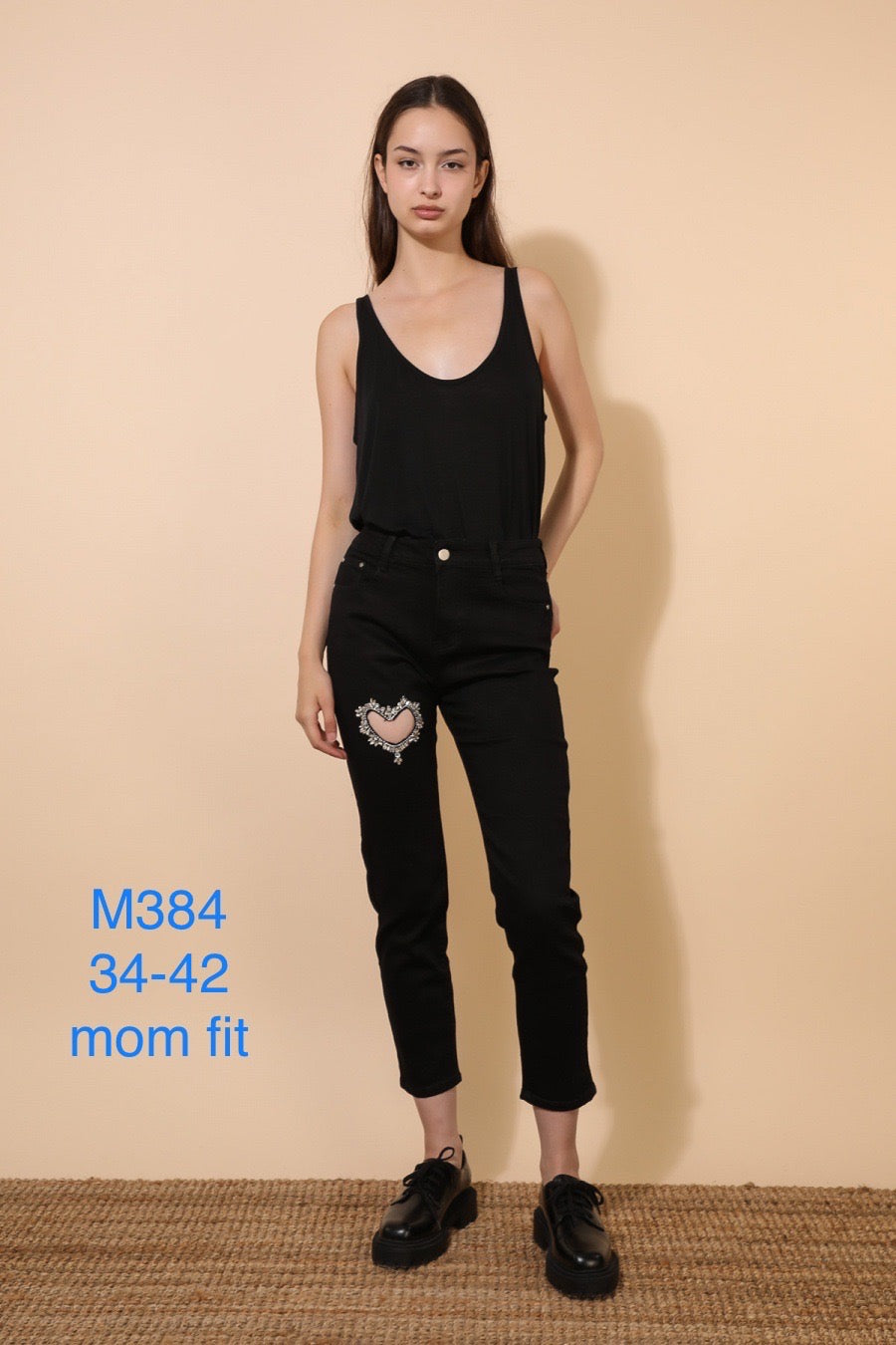 Mom fit jeans med bling hjerte sort by Krone 1