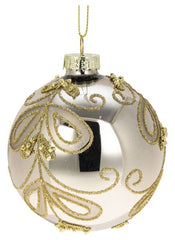 Glas julekugle blank grå med guldglitter 8 cm