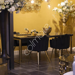Dining table black sleeper wood waglass IR gold legs 200x100