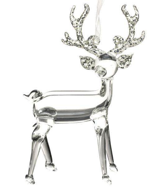 Glass Reindeer 14 cm Clear med Sølvglitter Horn