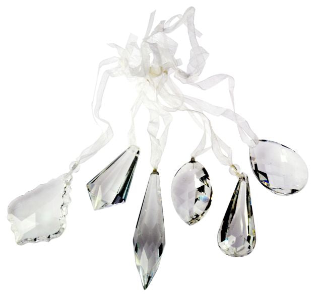 GLASS ORNAMENT 6CM 6 ASST. WHITE ORGANZA RIBBON