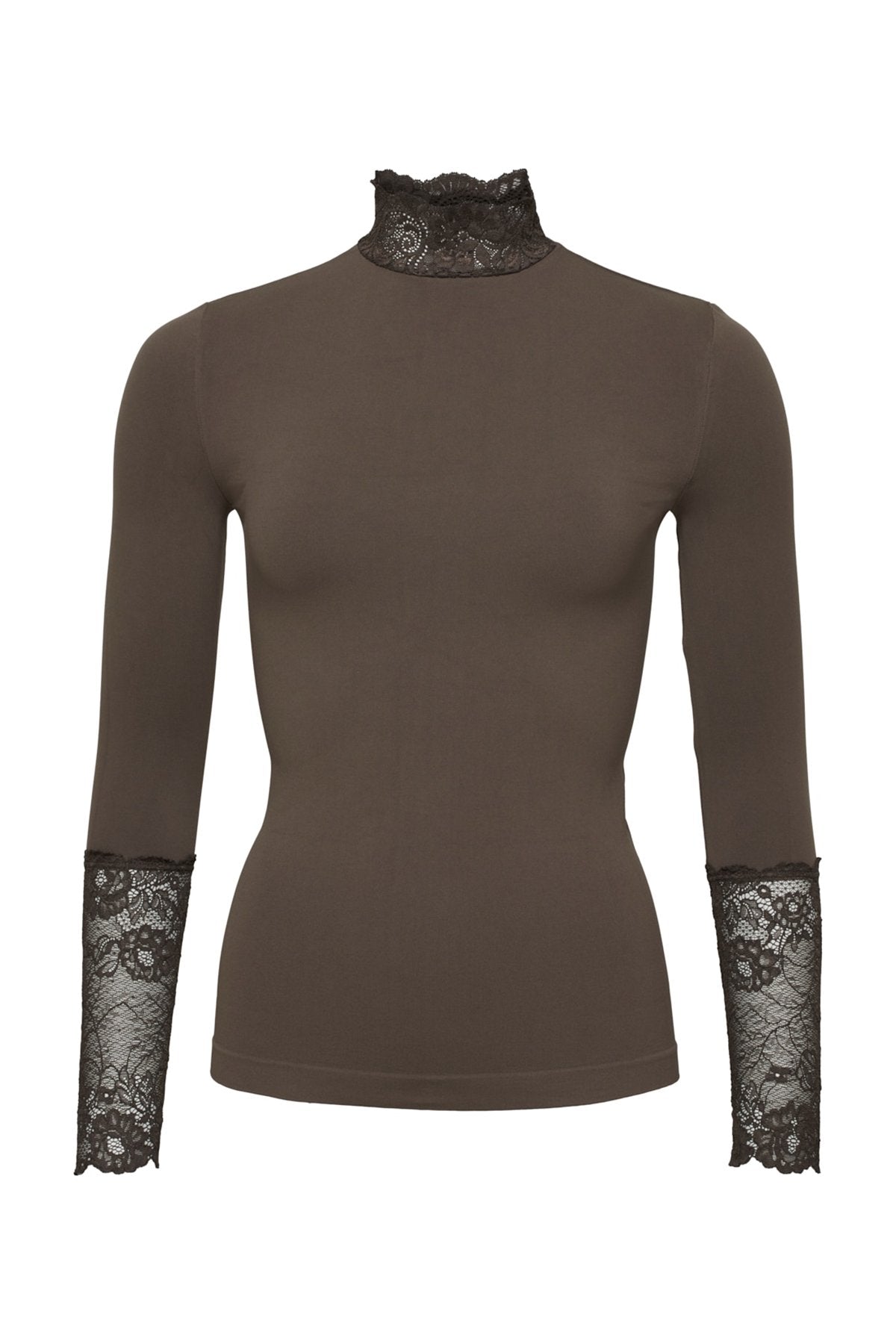 Abigail - Long Sleeve Top With Lace Collar Brown