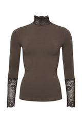 Abigail - Long Sleeve Top With Lace Collar Brown