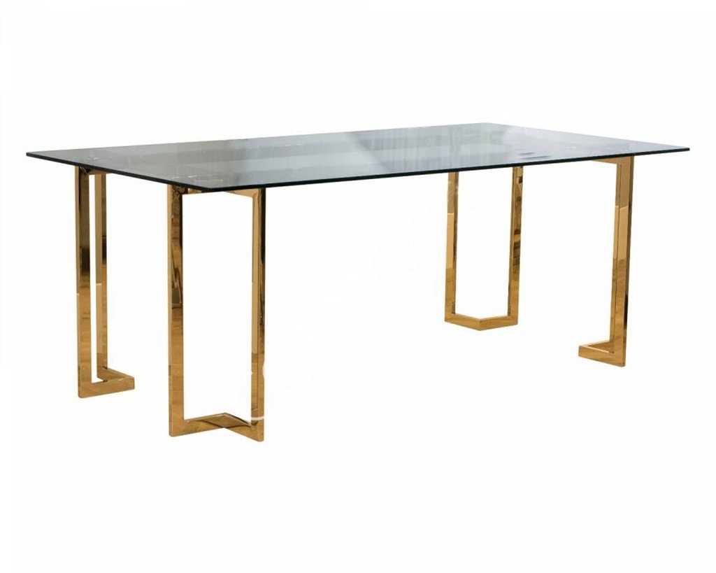 Guld spisebord med glasplade 200x100x74cm