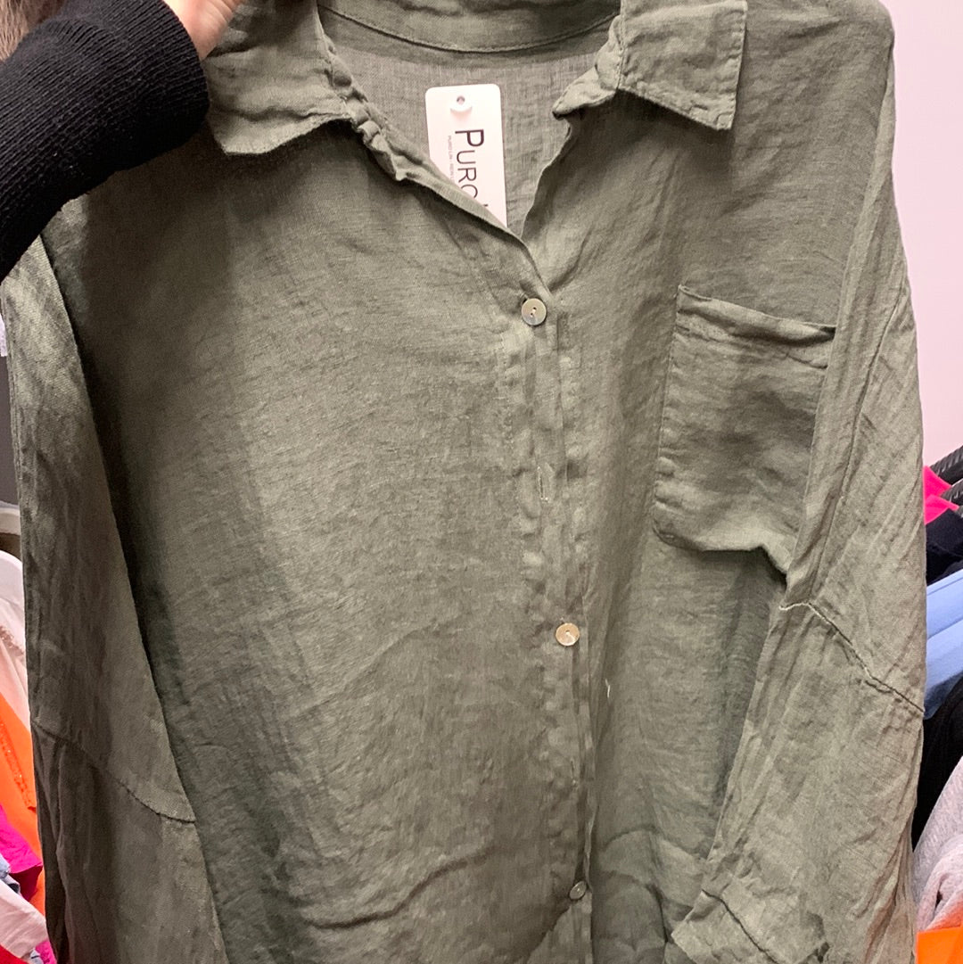 Hørskjorte med knapper og brystlomme khaki - brystmål 160cm by Krone 1